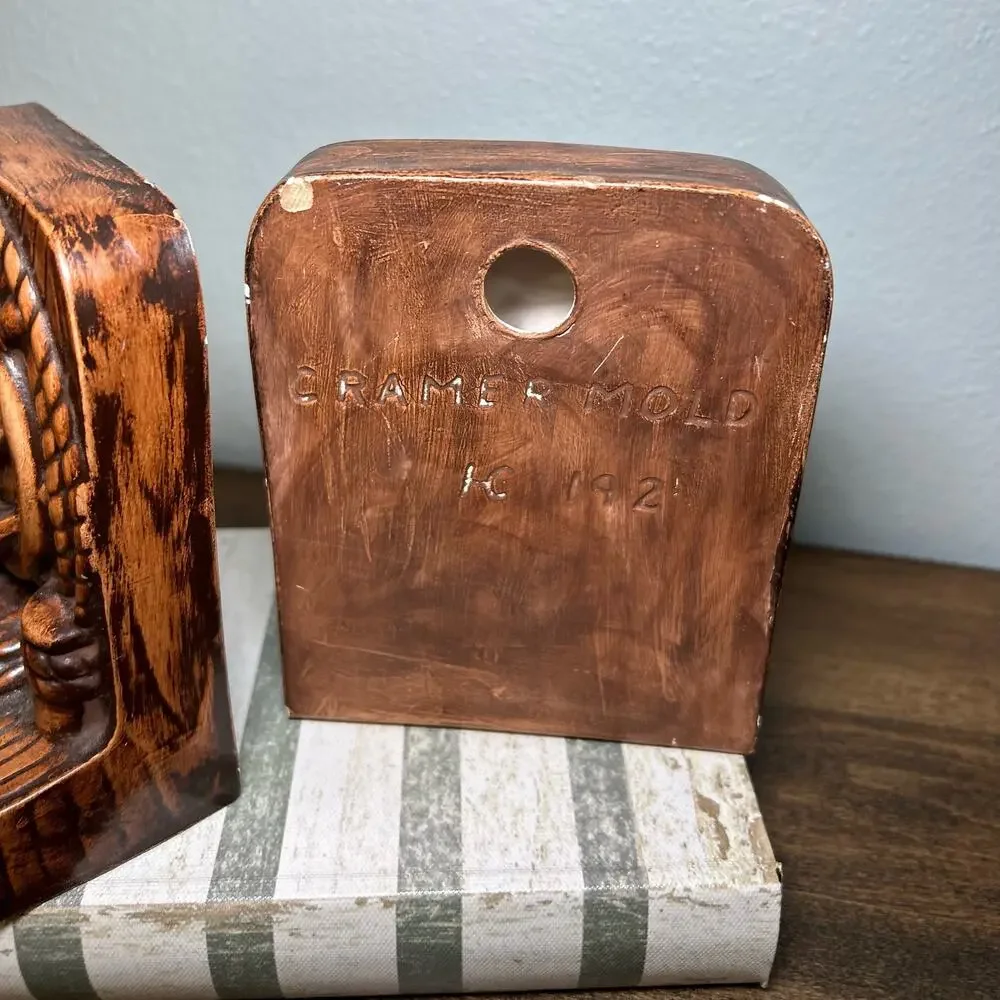 Vintage Ceramic Cramer Mold Bookends Anchor Nautical Rope Faux Wood Brown